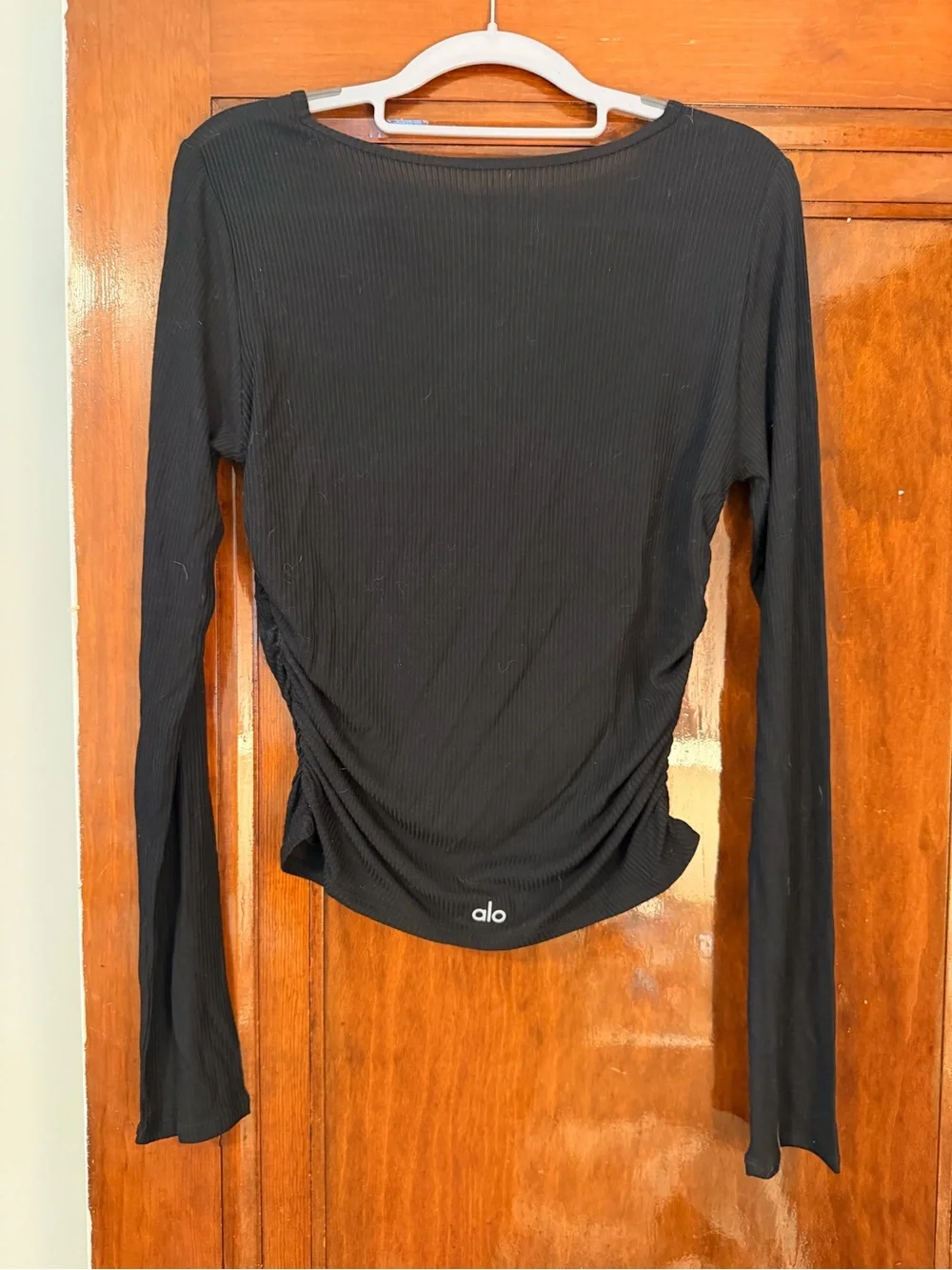 ALO Yoga Black Gather Ribbed Long-Sleeve Top